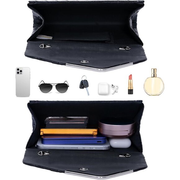 Women Black 2 Trendy Clutch Purses Evening Fashion Envelope Cross-Body Handbags - Picture 5 of 7